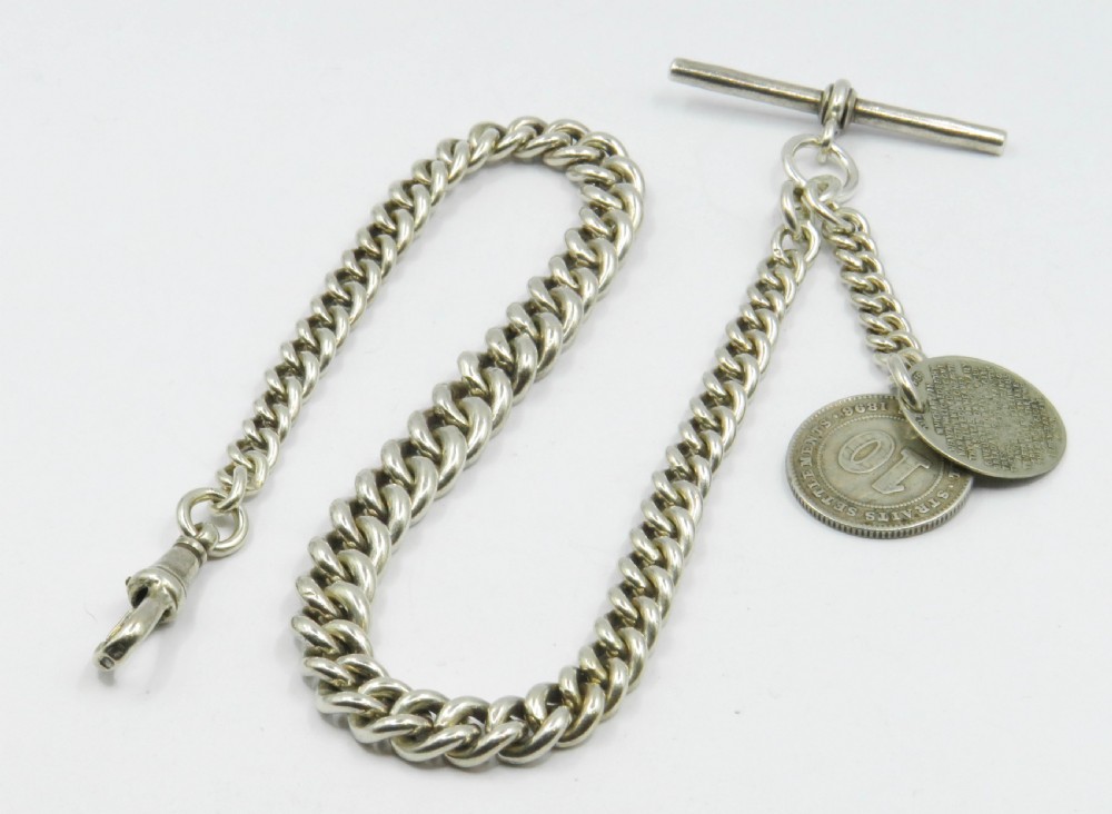 1917 silver watch chain by Edwin Page, with fobs