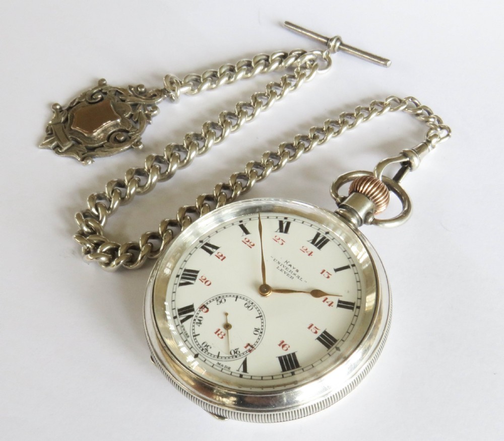 Antique Kays “Universal” Lever silver pocket watch and chain View II