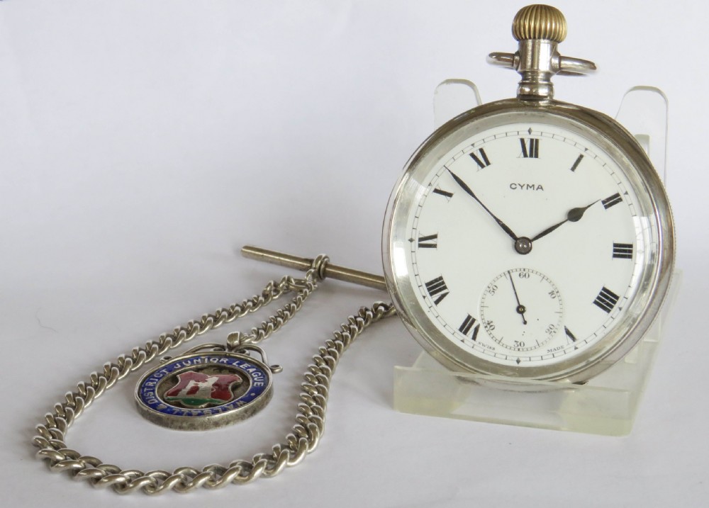Antique silver Cyma pocket watch and chain
