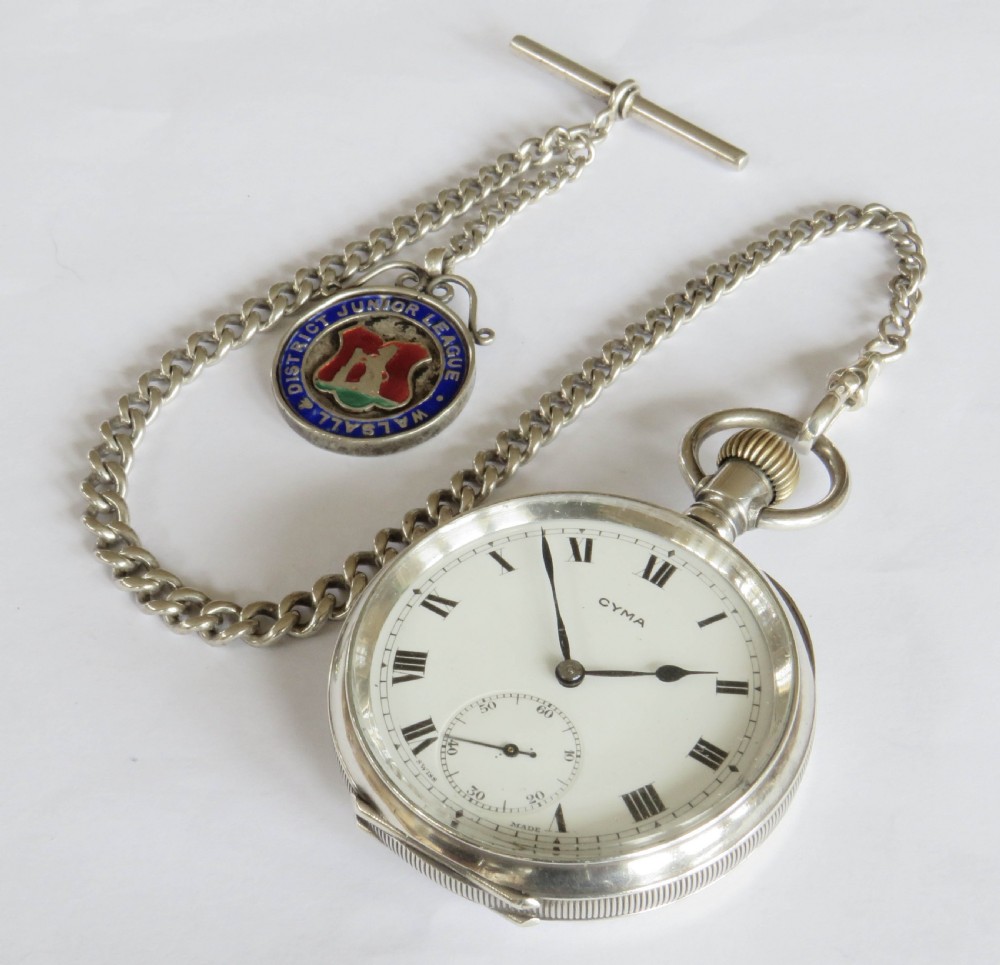 Antique silver Cyma pocket watch and chain View II