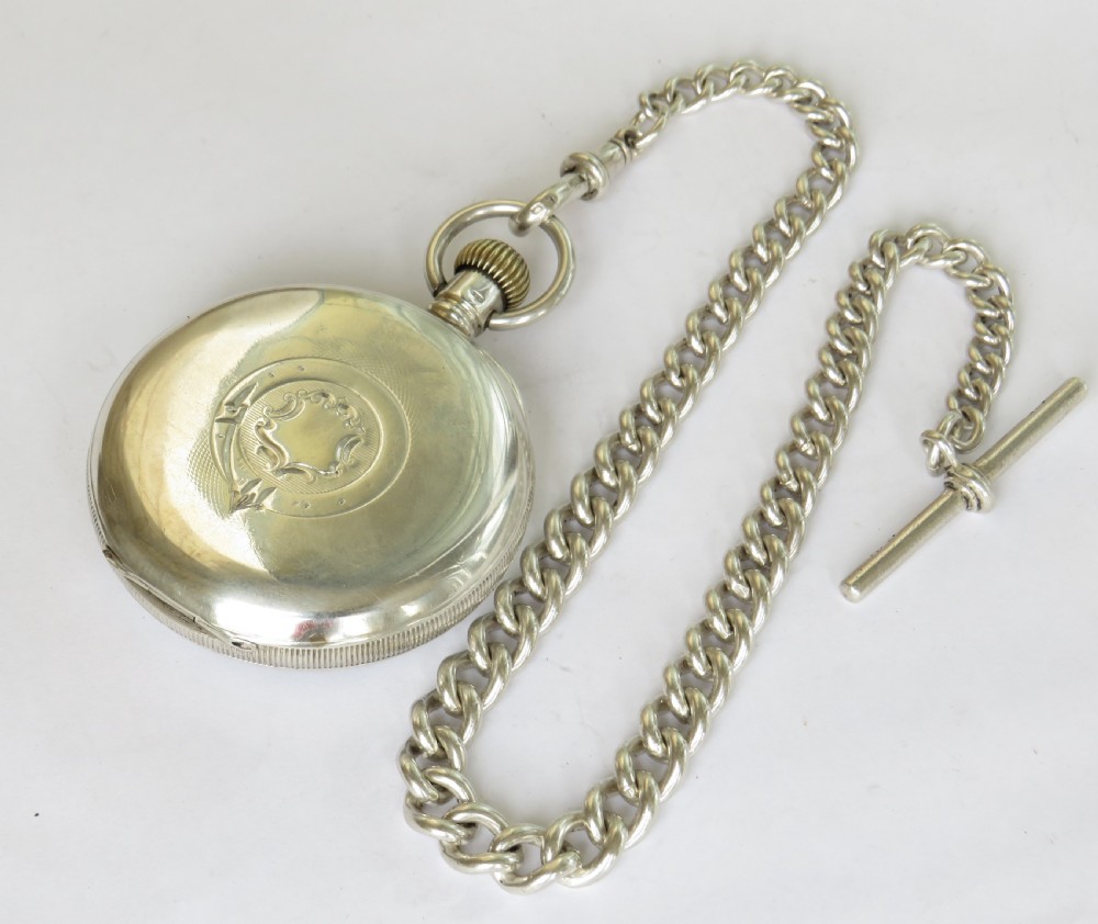 Antique Waltham Traveler pocket watch & chain View V