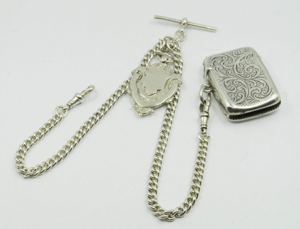 Antique silver double watch chain, fob& vesta.