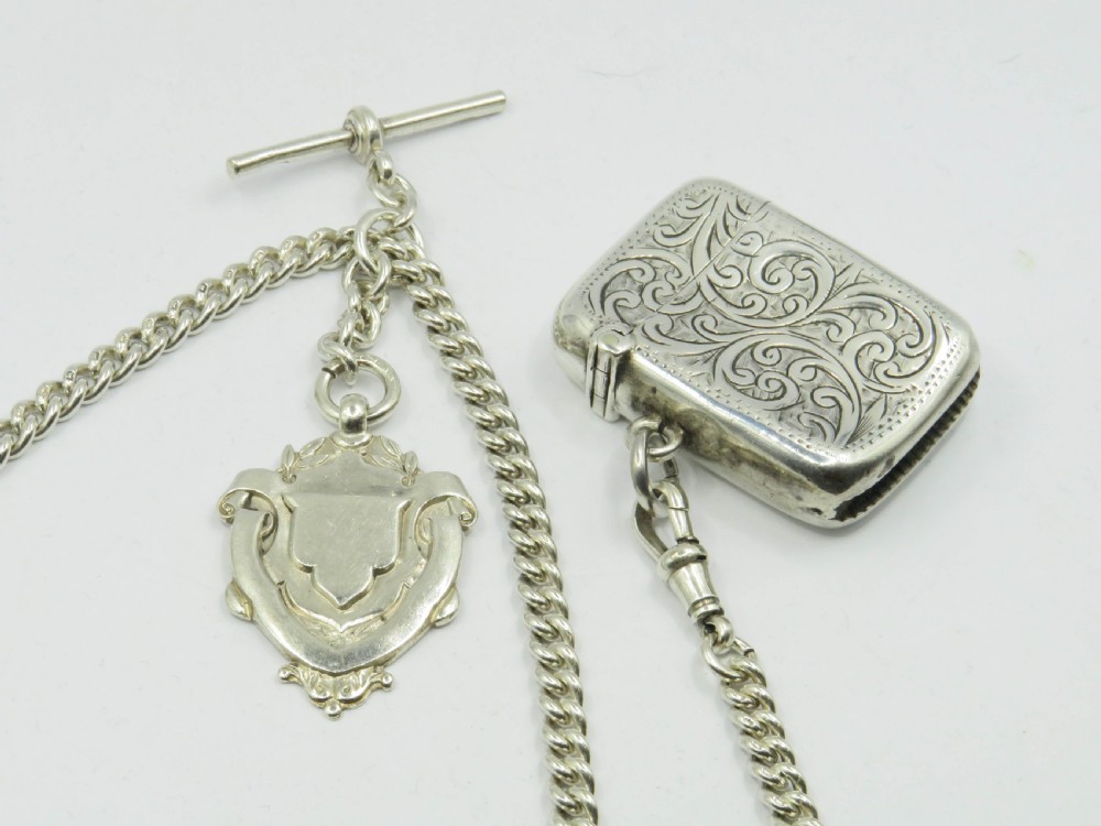 Antique silver double watch chain, fob& vesta. View II