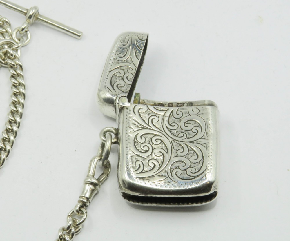 Antique silver double watch chain, fob& vesta. View III