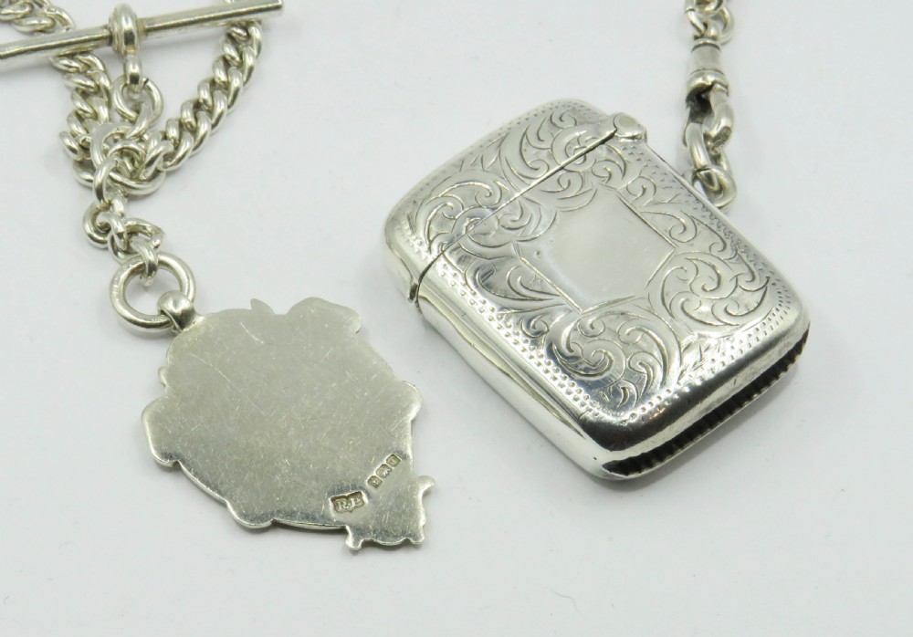 Antique silver double watch chain, fob& vesta. View IV