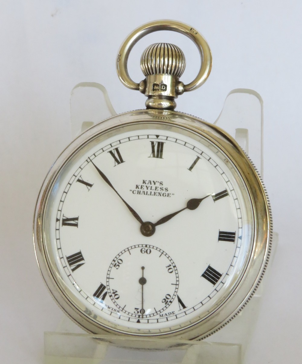 Silver Kays Keyless “Challenge” pocket watch, 1928
