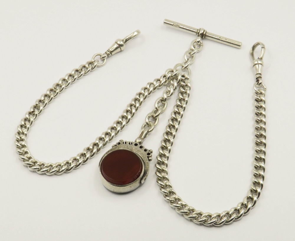 Antique silver double watch chain and swivel fob