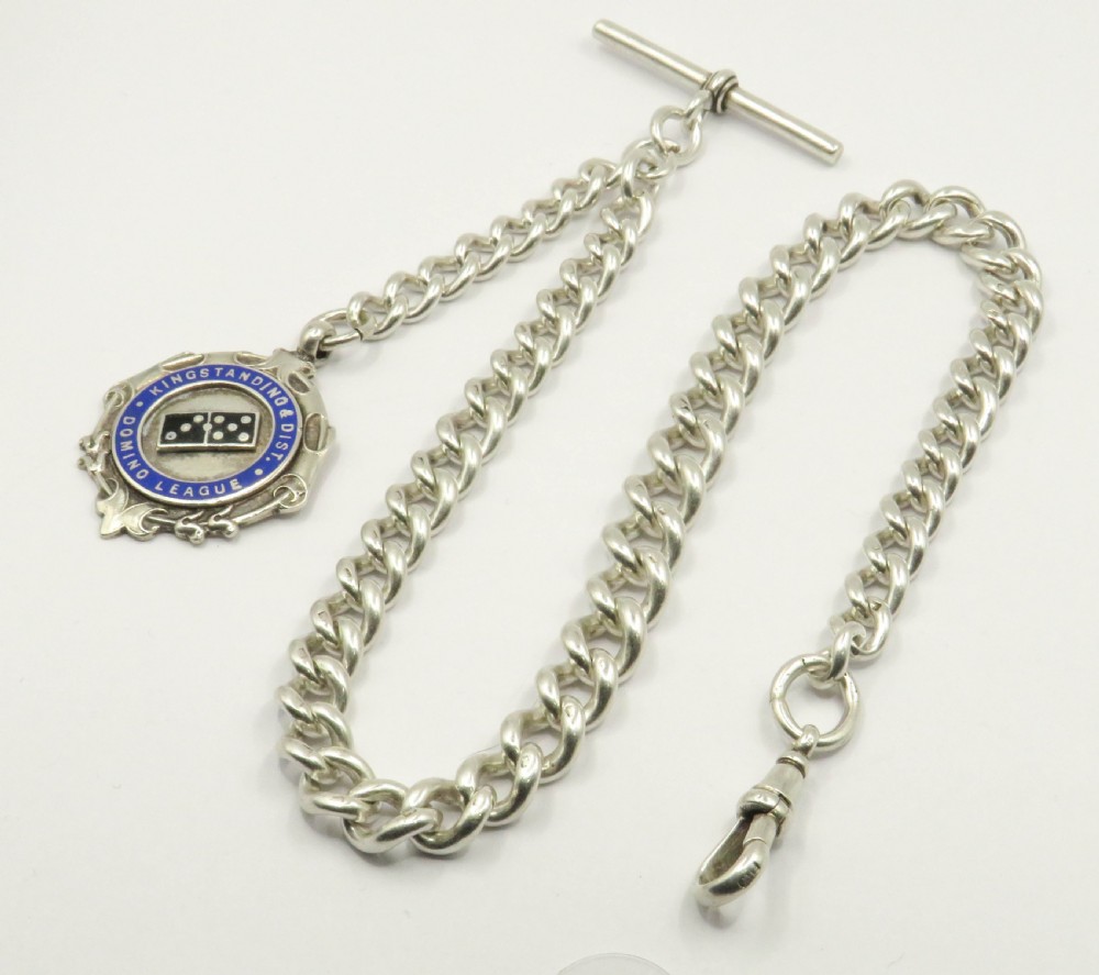 Antique silver pocket watch chain and domino fob, good weight