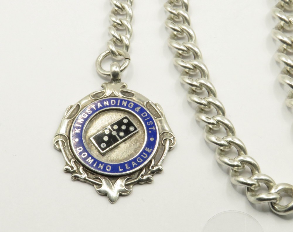 Antique silver pocket watch chain and domino fob, good weight View II