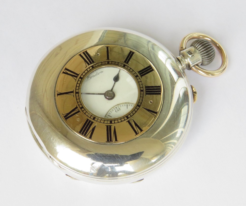 Antique J W Benson silver and gold half hunter pocket watch