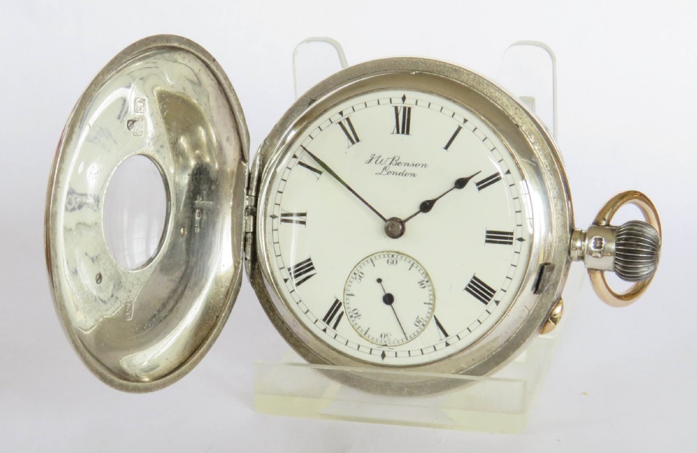 Antique J W Benson silver and gold half hunter pocket watch View II