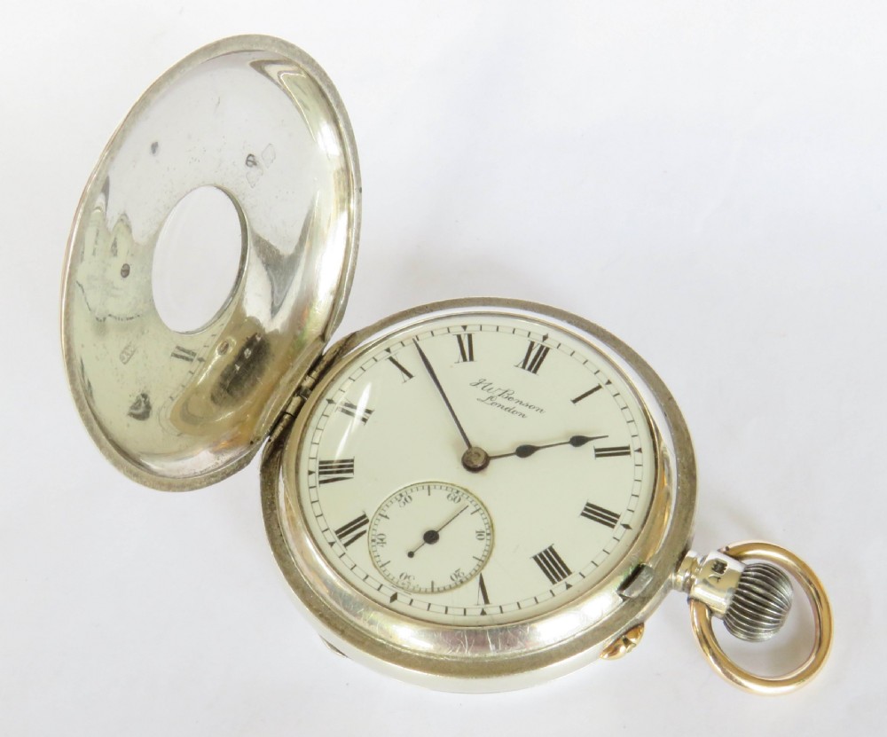 Antique J W Benson silver and gold half hunter pocket watch View III