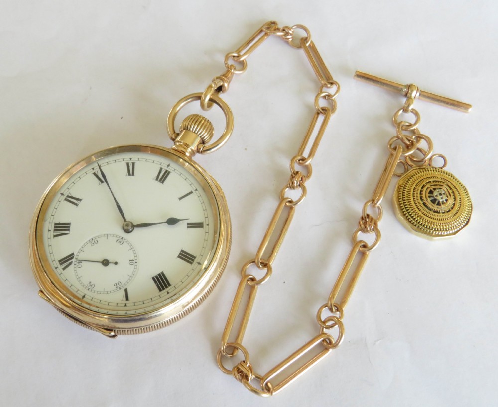 Antique Swiss pocket watch, chain and unusual fob View II