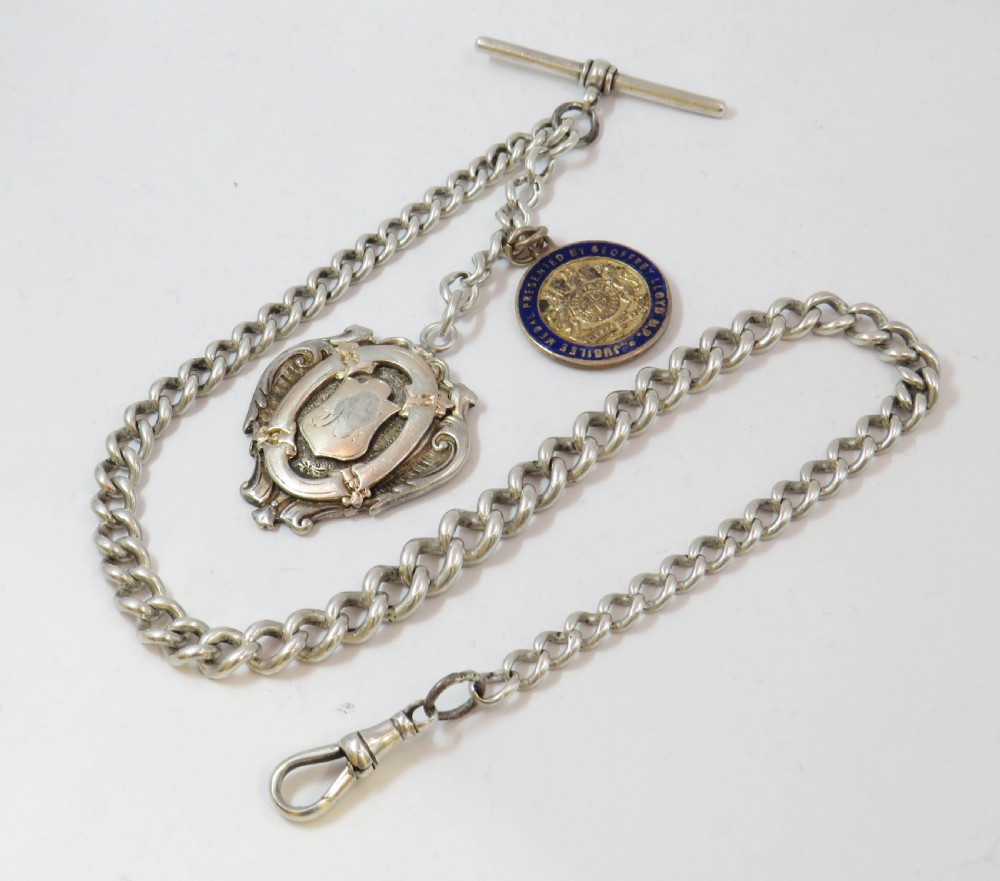 Antique silver watch chain and fobs