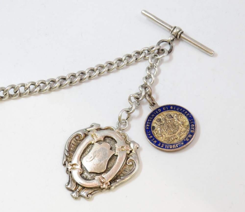 Antique silver watch chain and fobs View II