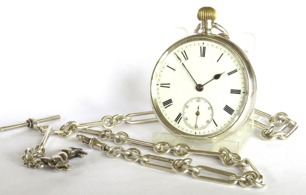 Antique silver English pocket watch, chain and horse fob