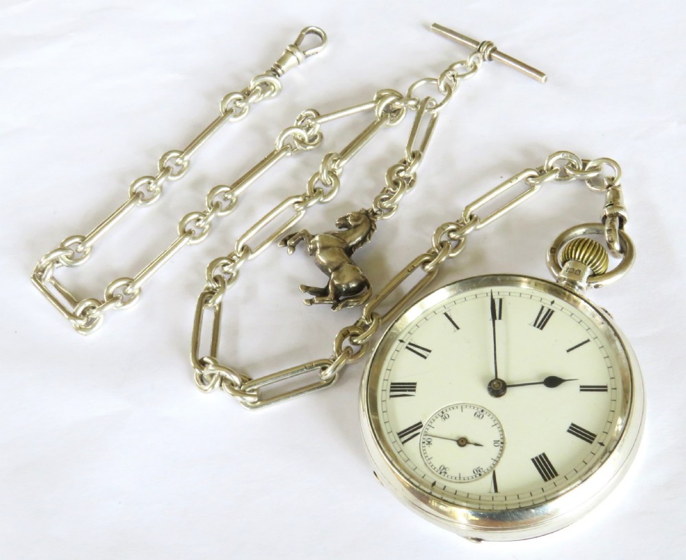 Antique silver English pocket watch, chain and horse fob View II