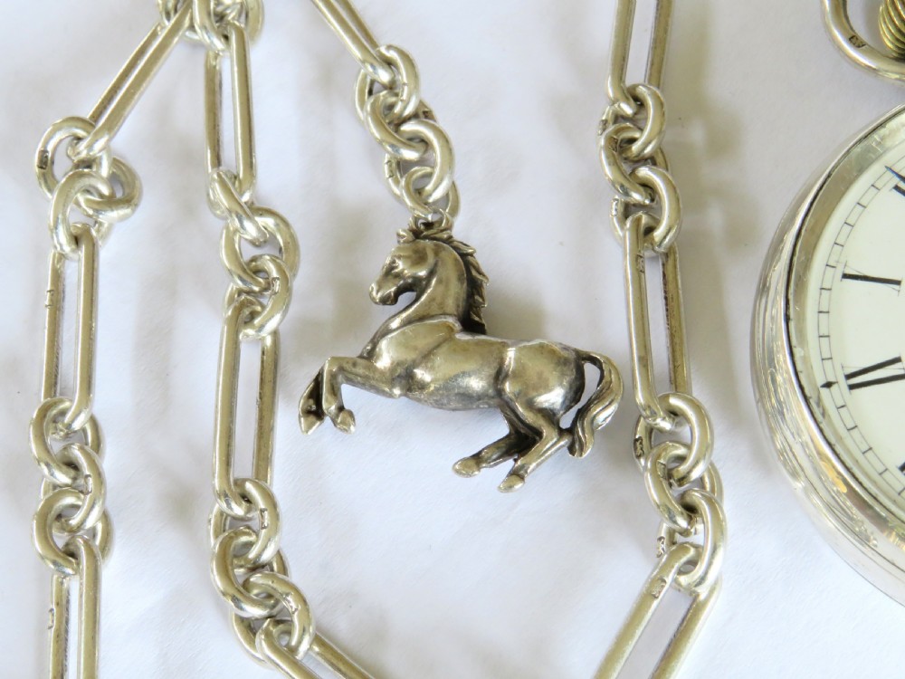 Antique silver English pocket watch, chain and horse fob View III