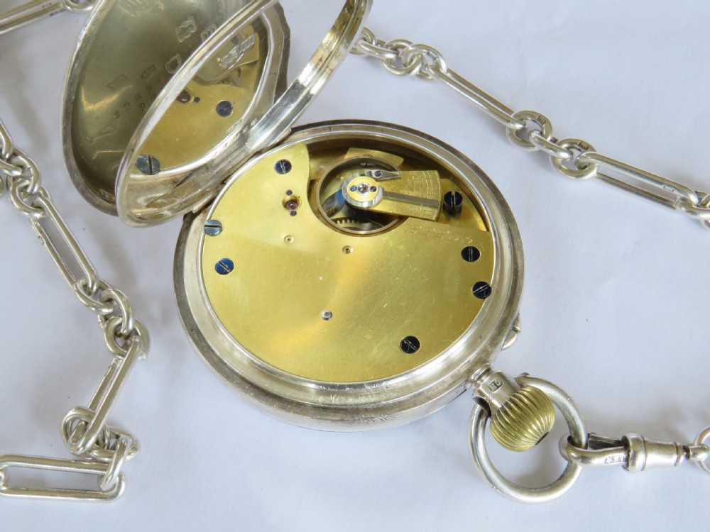 Antique silver English pocket watch, chain and horse fob View IV