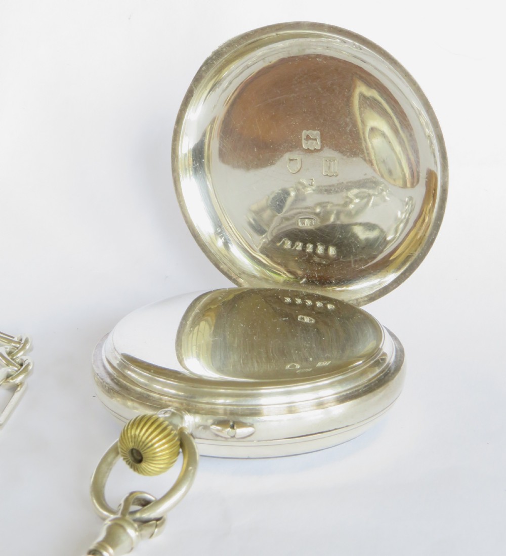 Antique silver English pocket watch, chain and horse fob View V