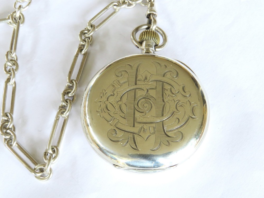 Antique silver English pocket watch, chain and horse fob View VI