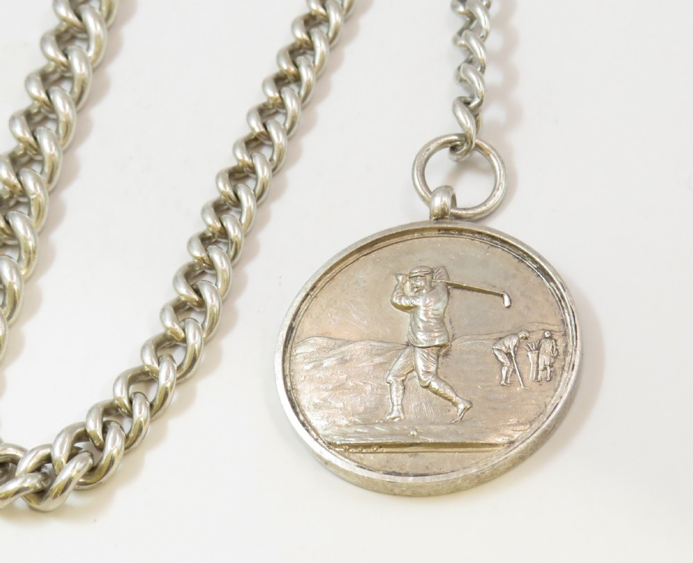 1930s silver watch chain with golf fob View II