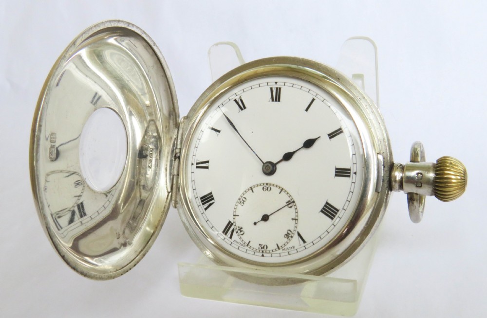 1920s silver half hunter pocket watch, golf interest View II
