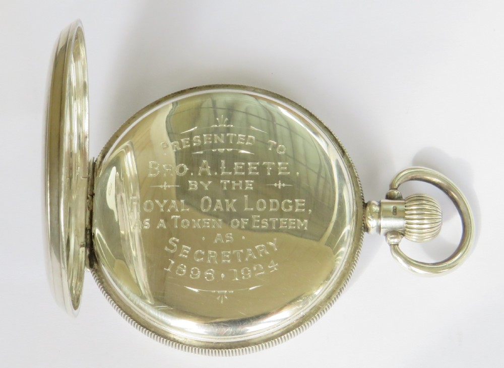 Antique silver Waltham pocket watch, Masonic link View III