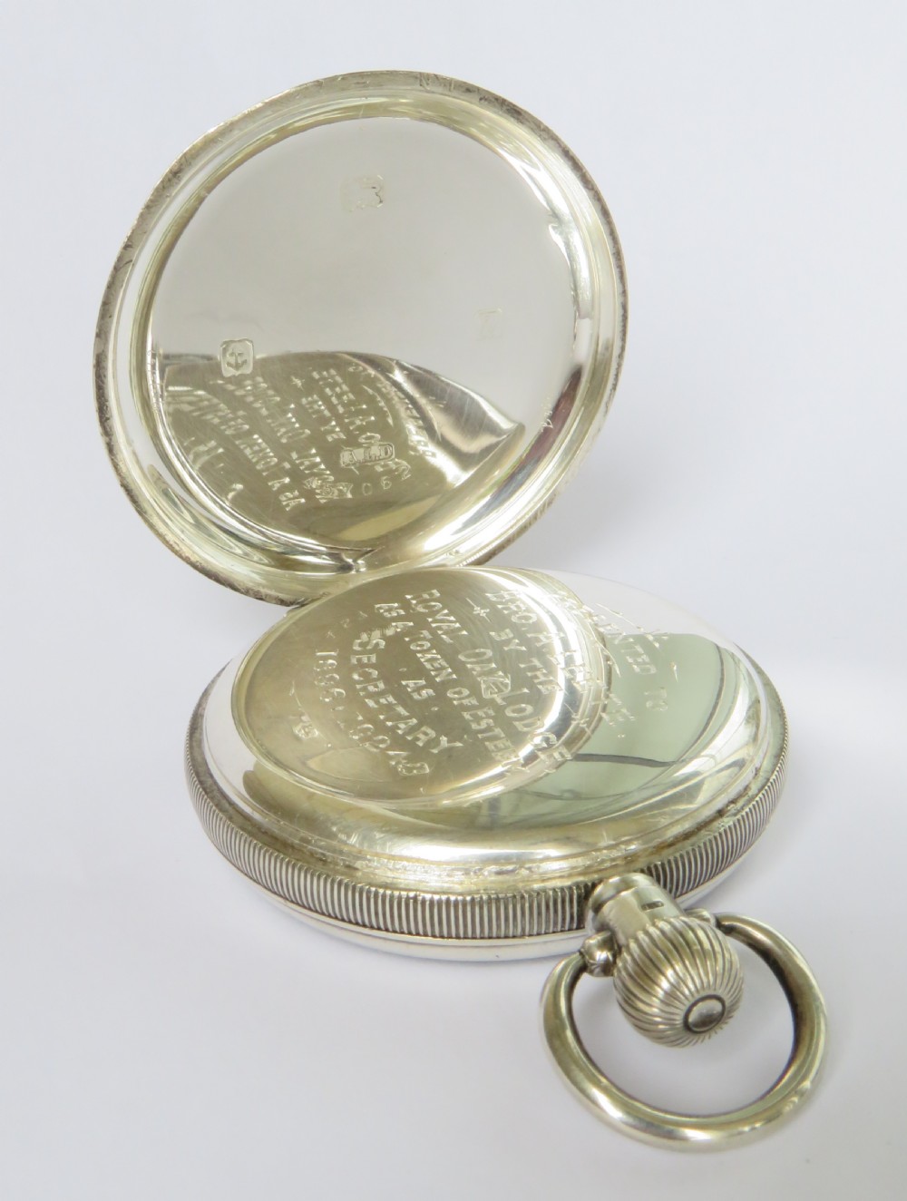 Antique silver Waltham pocket watch, Masonic link View IV