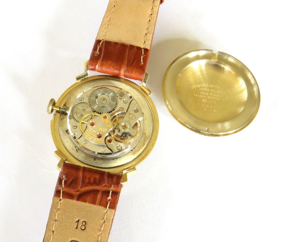 Gents 14k gold Longines wrist watch, 1958 View III