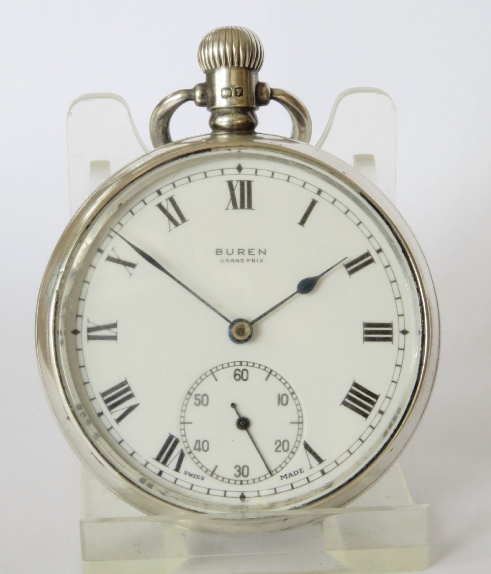 Antique silver Buren Grand Prix pocket watch, 1923 View II