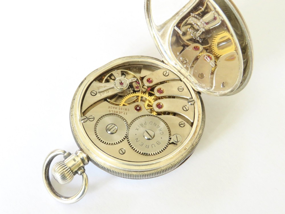 Antique silver Buren Grand Prix pocket watch, 1923 View IV