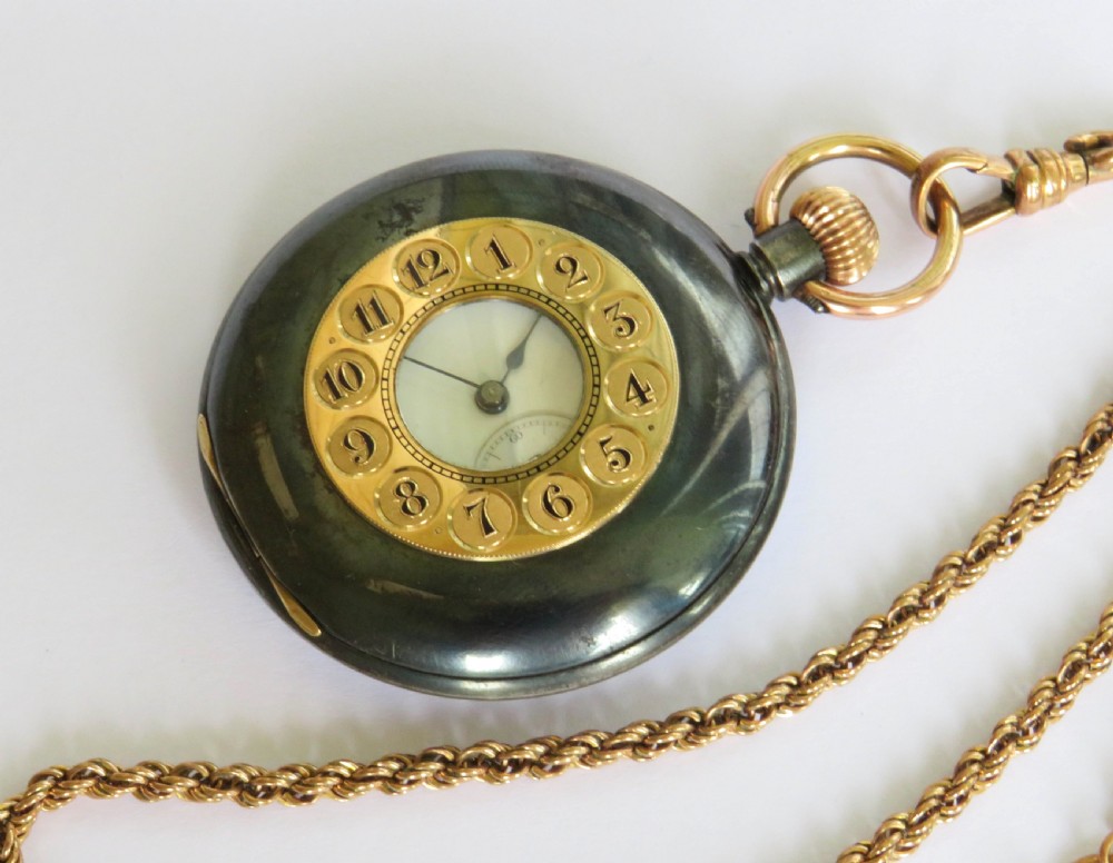 Antique Alpine gun metal and gold half hunter pocket watch and chain