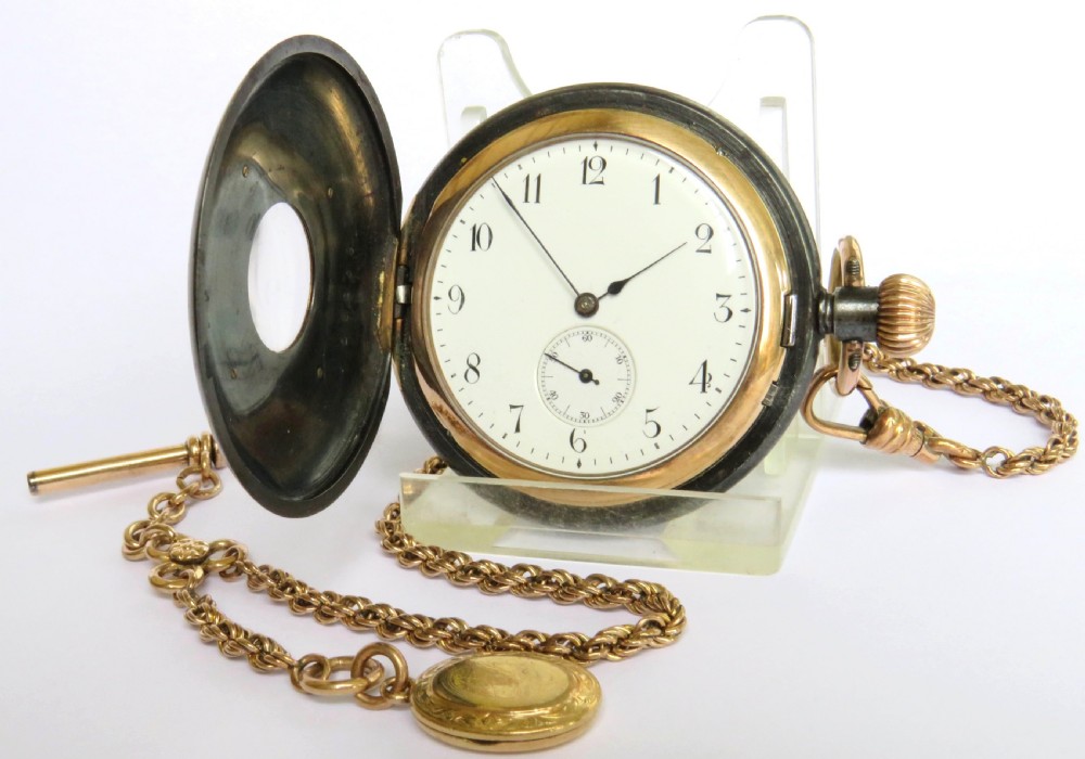 Antique Alpine gun metal and gold half hunter pocket watch and chain View II