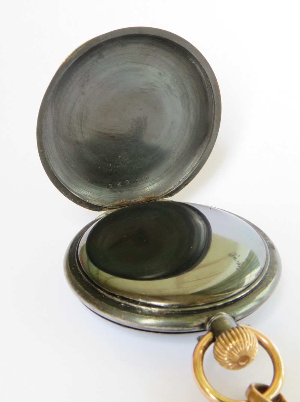 Antique Alpine gun metal and gold half hunter pocket watch and chain View III