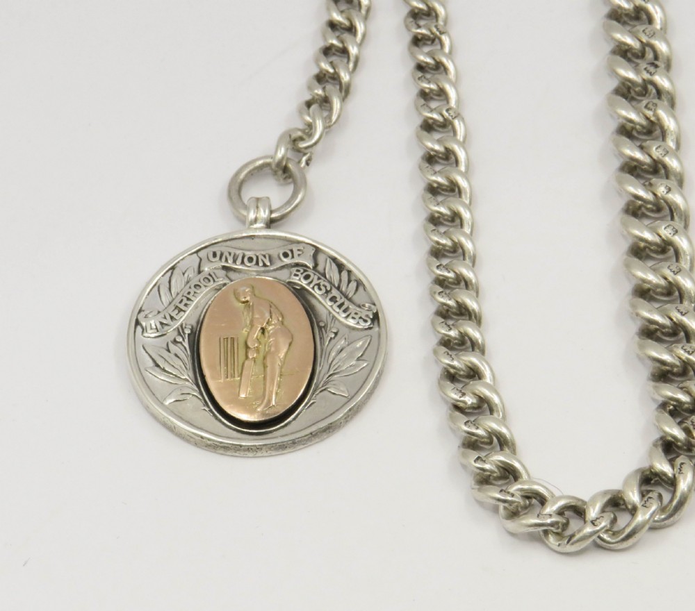 Antique silver pocket watch chain and cricket fob View II