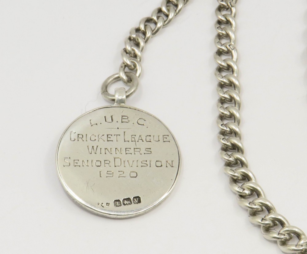 Antique silver pocket watch chain and cricket fob View III