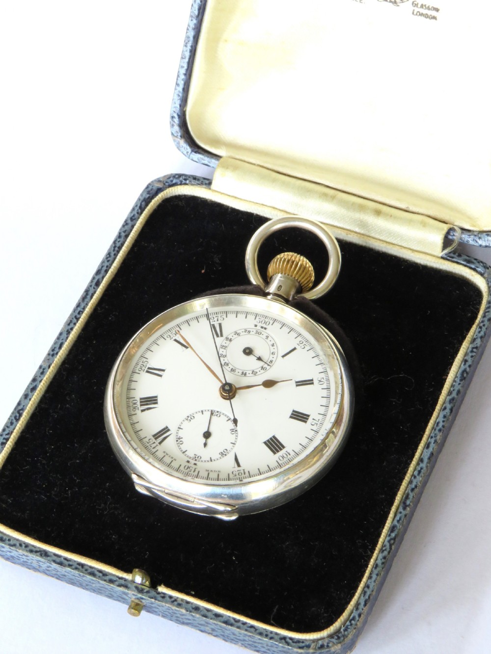 Antique silver Moeris chronograph pocket watch, 1924 View II