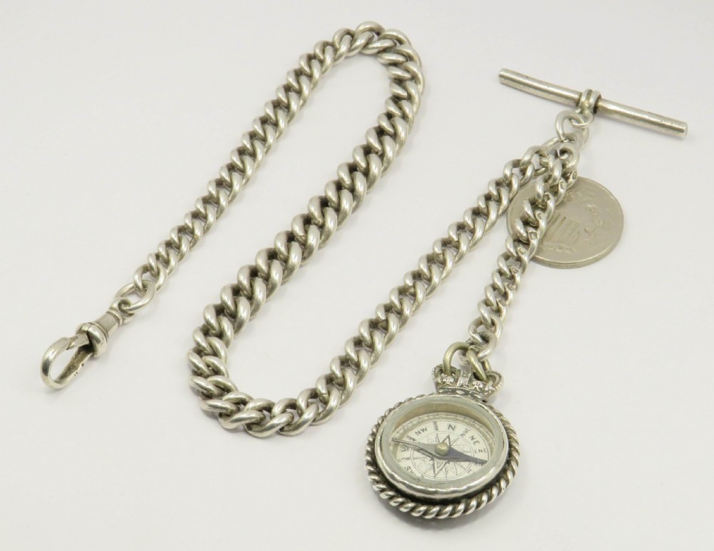 Antique silver watch chain with Royal coat of arms compass