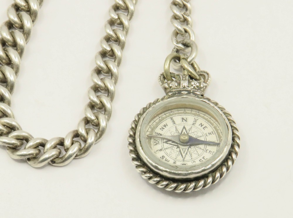 Antique silver watch chain with Royal coat of arms compass View II