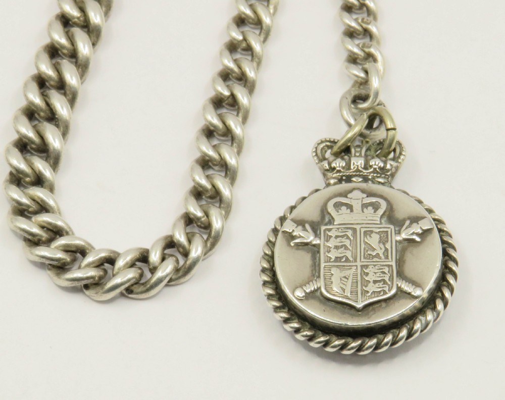 Antique silver watch chain with Royal coat of arms compass View III