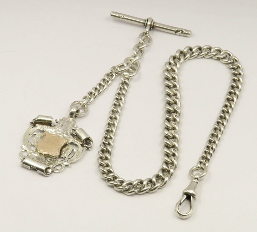 Antique silver watch chain and fob, 1916