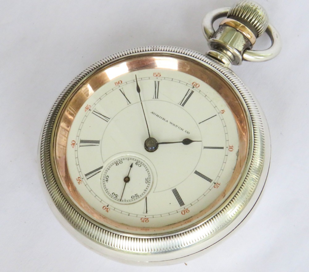 Antique silver Aurora Watch Co pocket watch, 1885 View II