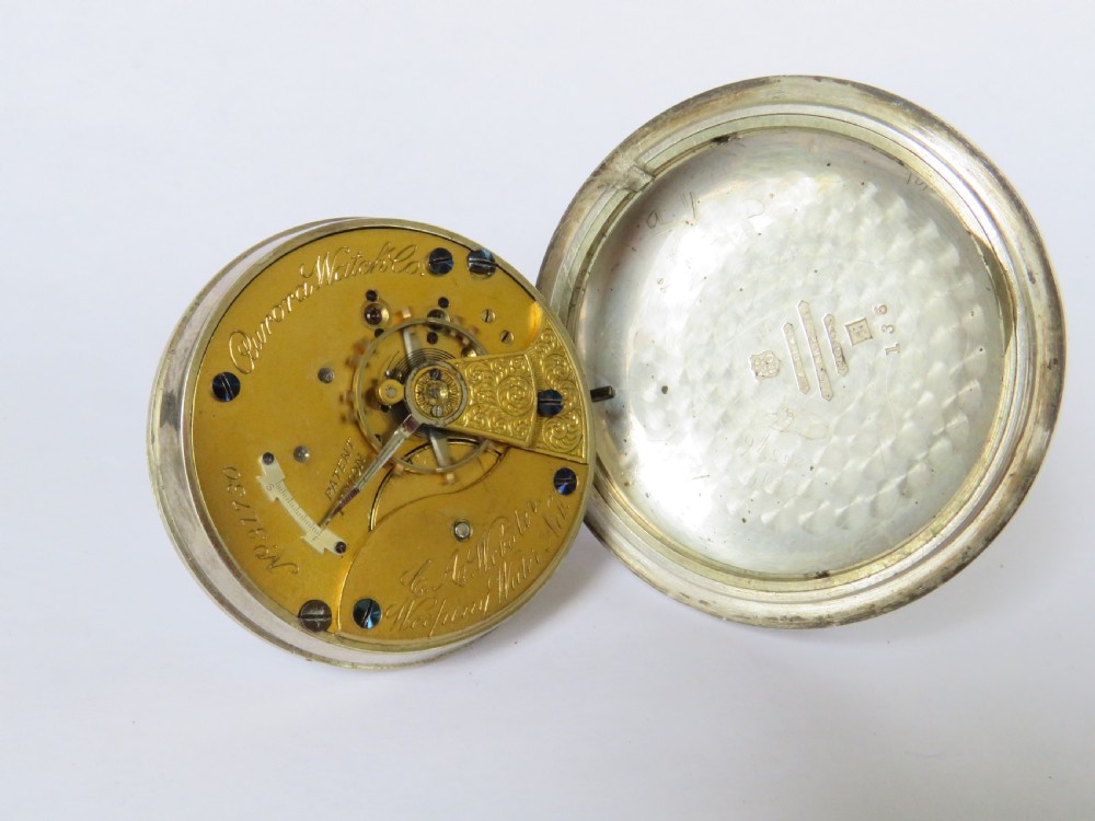 Antique silver Aurora Watch Co pocket watch, 1885 View III