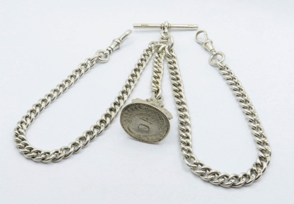 Antique Victorian silver double albert with fob