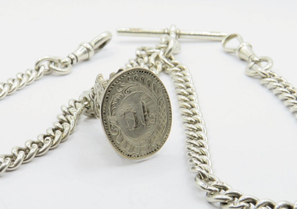 Antique Victorian silver double albert with fob View II