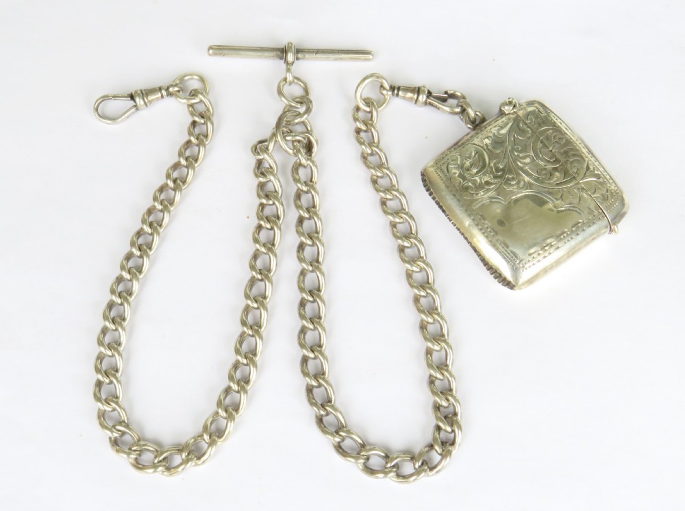 Antique silver double watch albert with vesta

