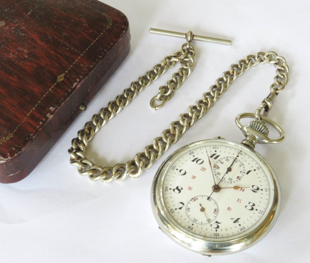 Antique chronograph pocket watch and chain  View II