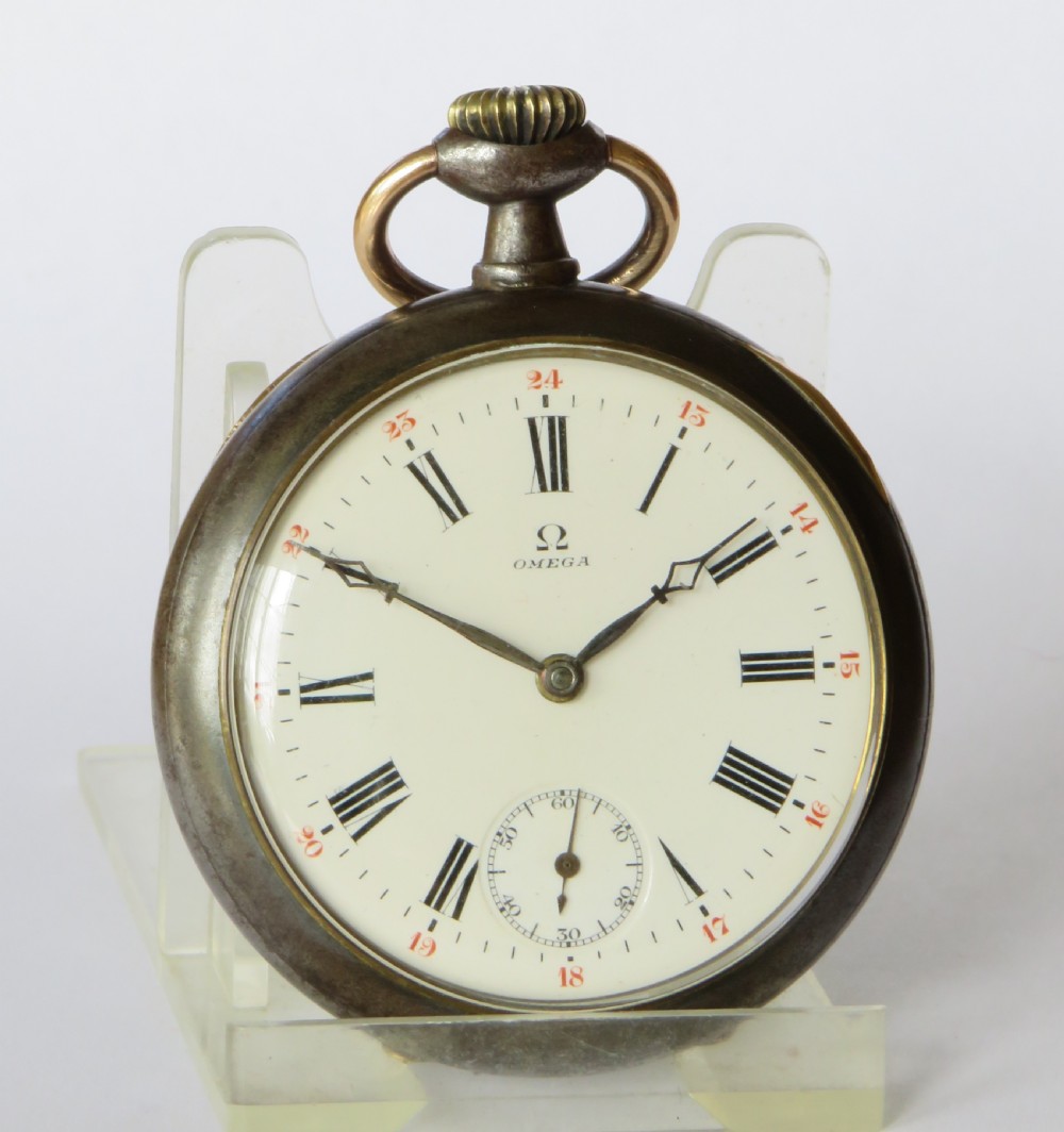 Antique Omega gun metal pocket watch View II