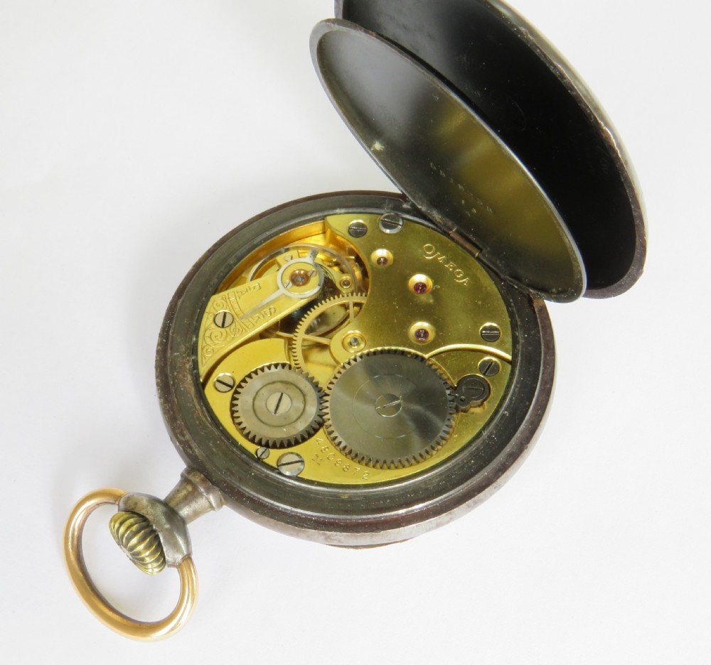 Antique Omega gun metal pocket watch View III